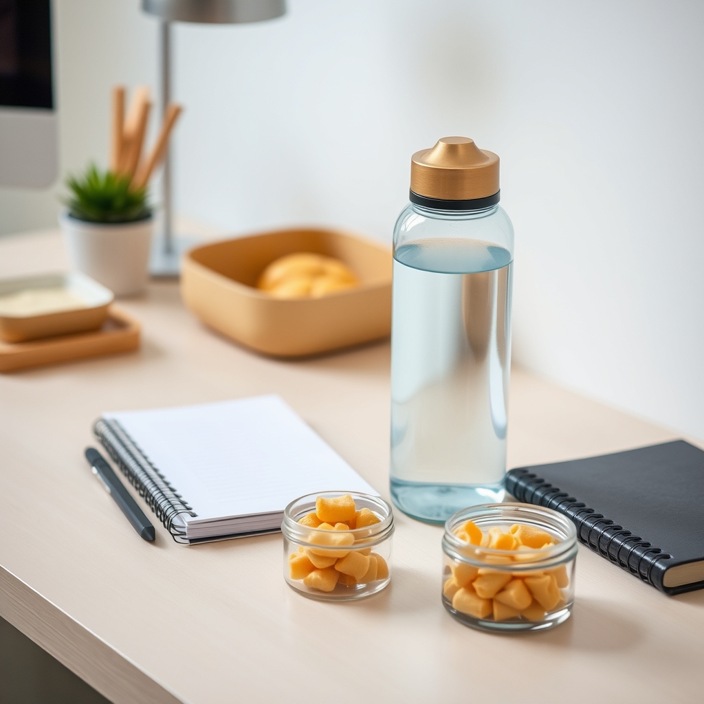 Office desk with discreet pregnancy symptom management items