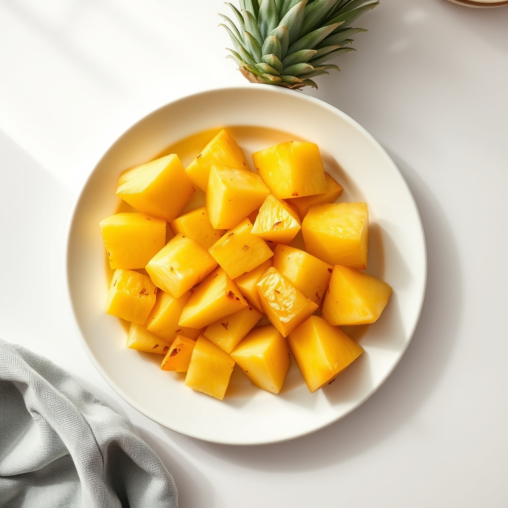 Fresh pineapple chunks on a white plate beside a glass of water, bright tropical lighting
