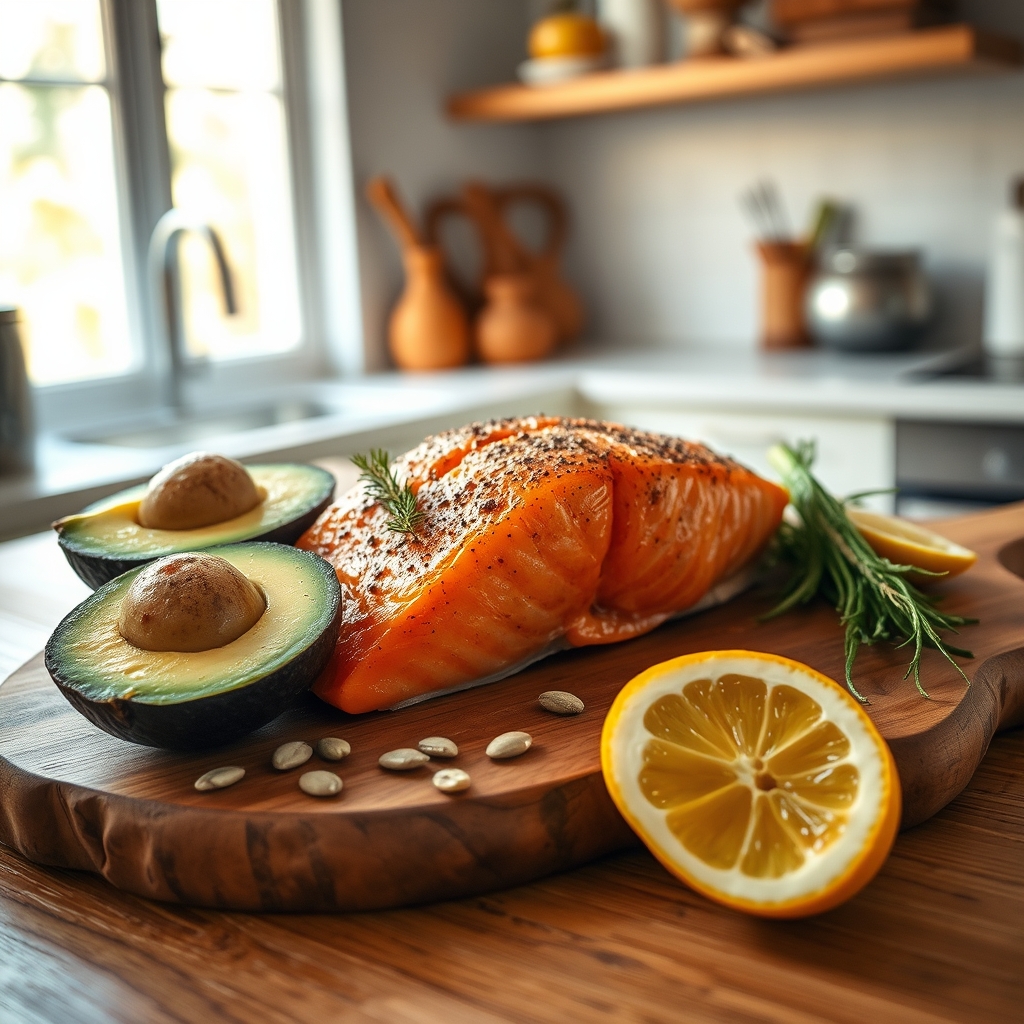 Fresh salmon fillet on a wooden cutting board surrounded by avocado halves, pumpkin seeds, and lemon wedges, bright natural light highlighting the colors
