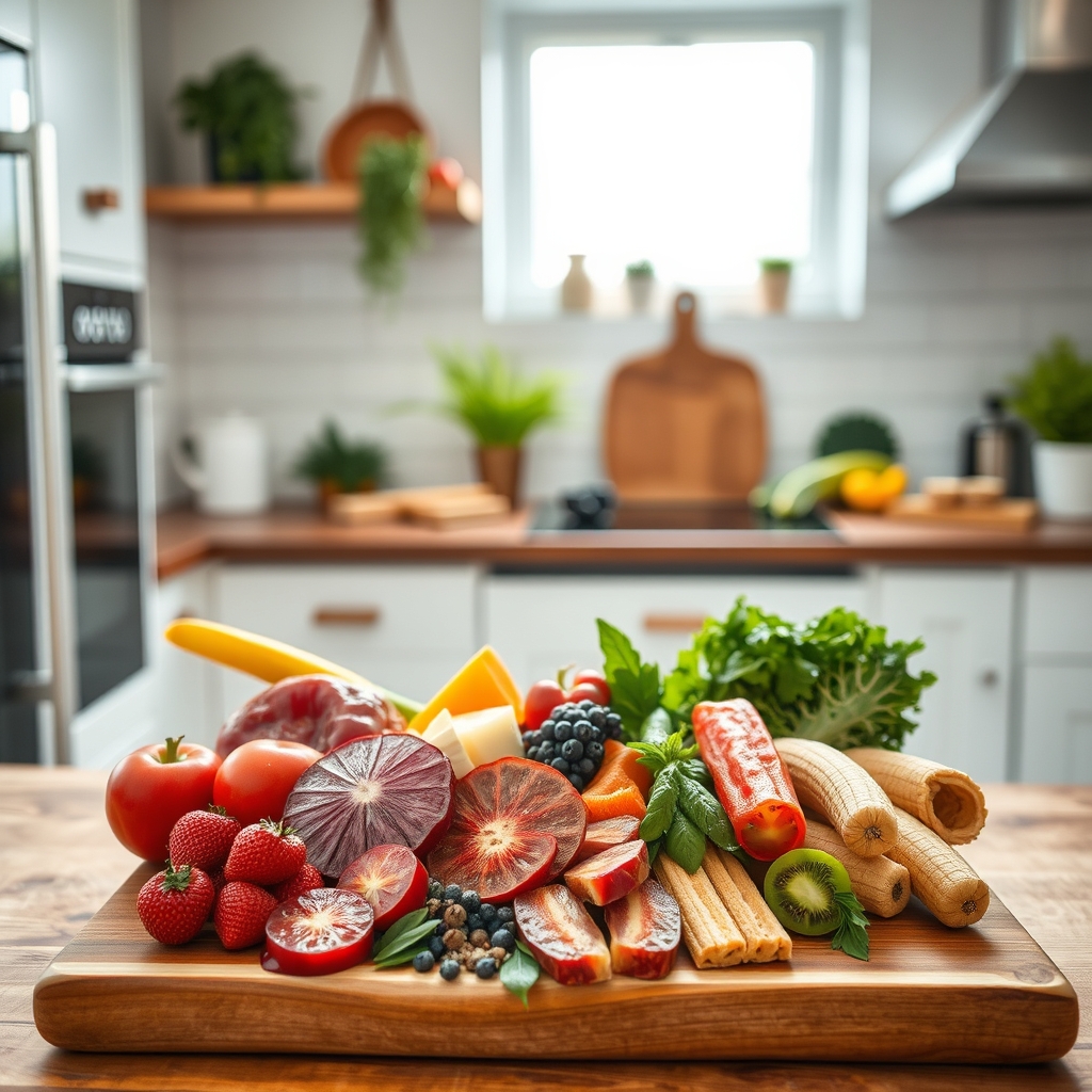 A wooden board displaying a bowl of walnuts, a plate of salmon, and a small glass of water, bright kitchen lighting, fresh and nutritious, photorealistic