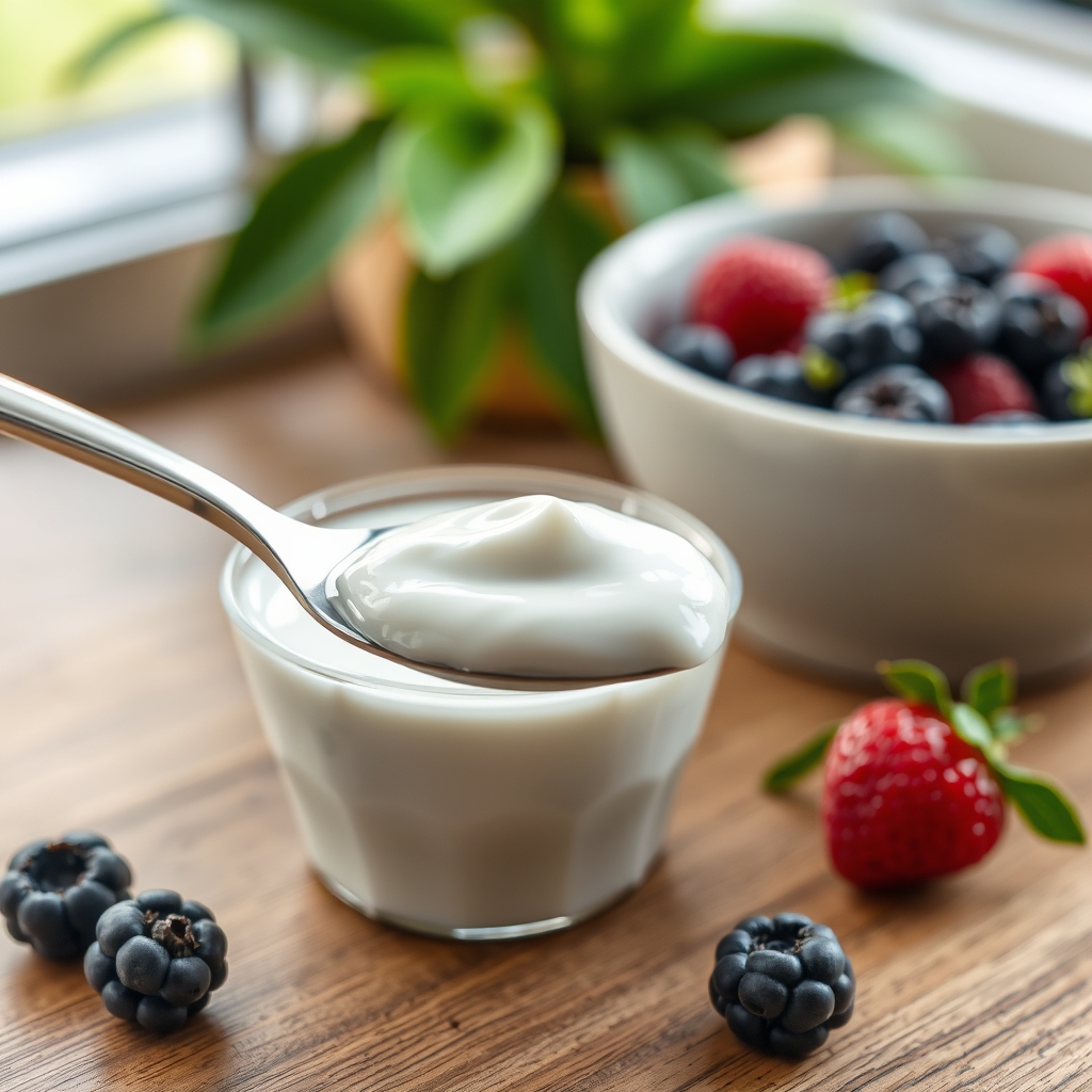 A spoonful of probiotic yogurt beside a small bowl of fresh berries on a rustic wooden surface, natural light highlighting the creamy texture