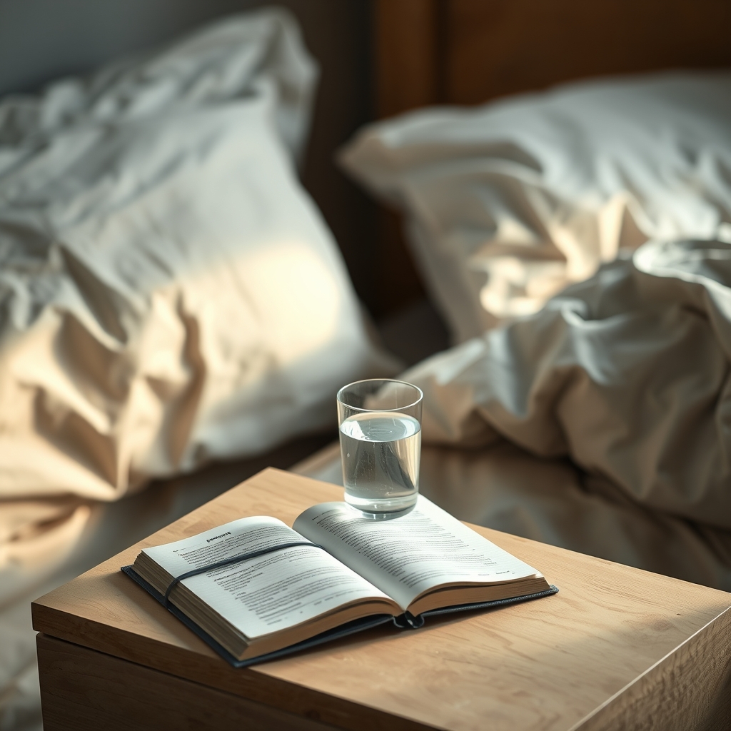 A cozy bedroom corner with a soft rug, a bedside lamp casting warm light, a glass of water, and a pregnancy journal open on a wooden nightstand