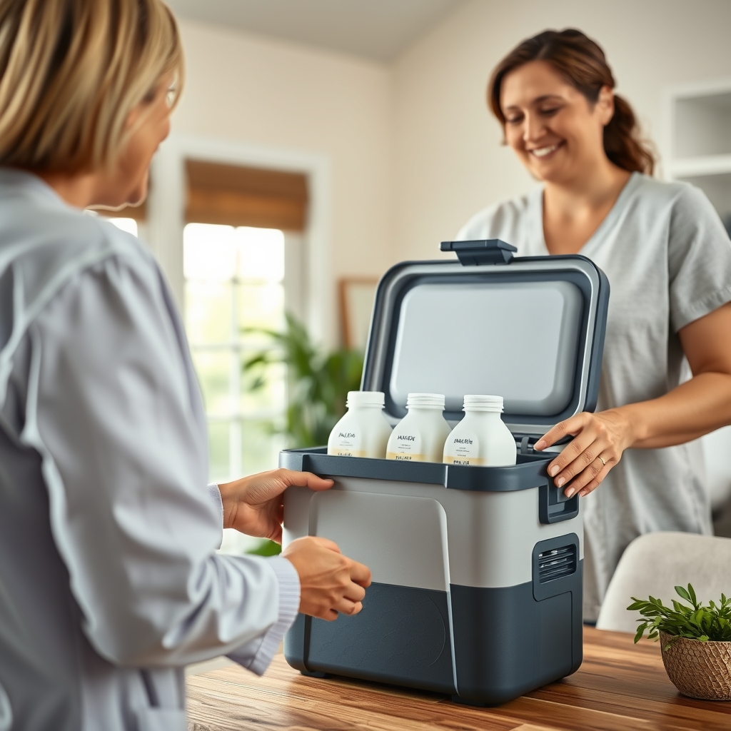 A parent handing a labeled insulated cooler to a daycare worker, with frozen breast milk containers visible inside