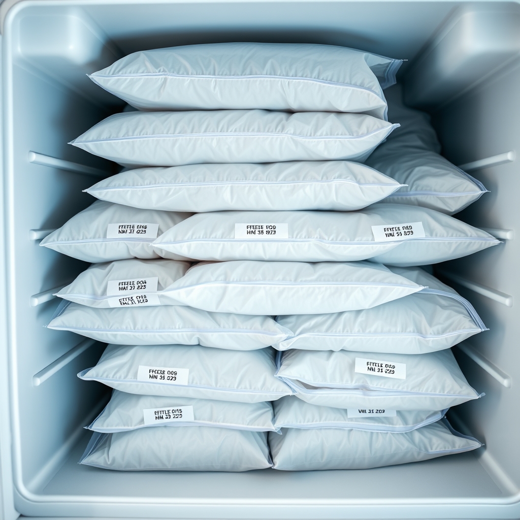 Stacks of labeled breast milk freezer bags organized in a deep freezer, each bag showing a clear date stamp