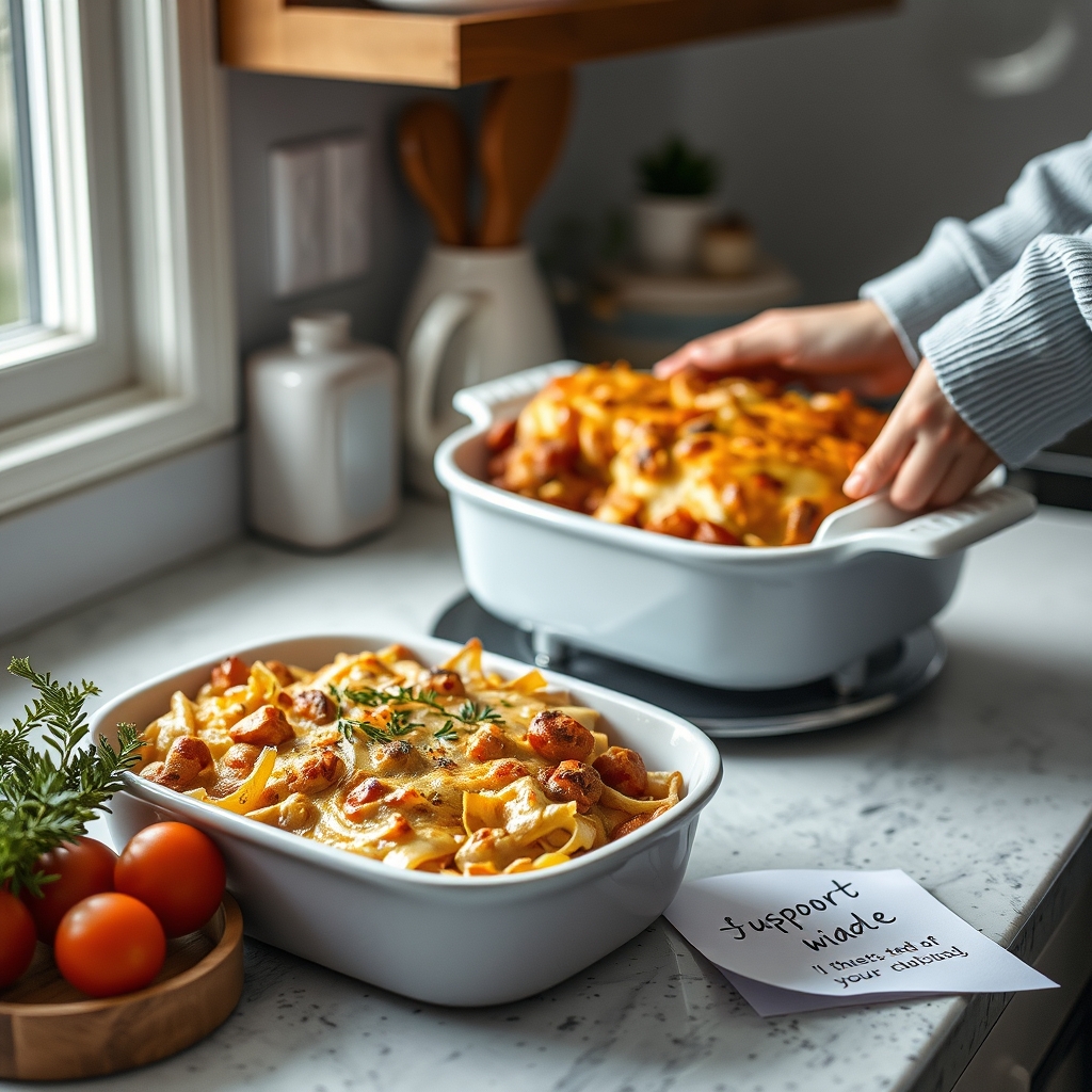 A casserole dish on a counter with fresh ingredients, representing a comforting meal.