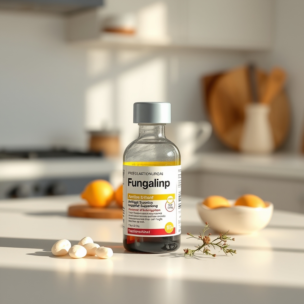 Bottle of prescribed antifungal oral suspension for infants, placed on a pastel kitchen counter with a clean syringe, soft natural light