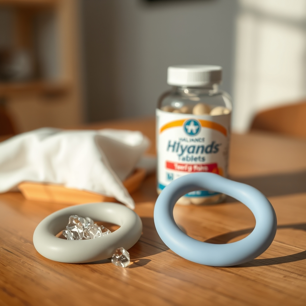 Chilled silicone teething ring and Hyland's tablets on a tabletop.