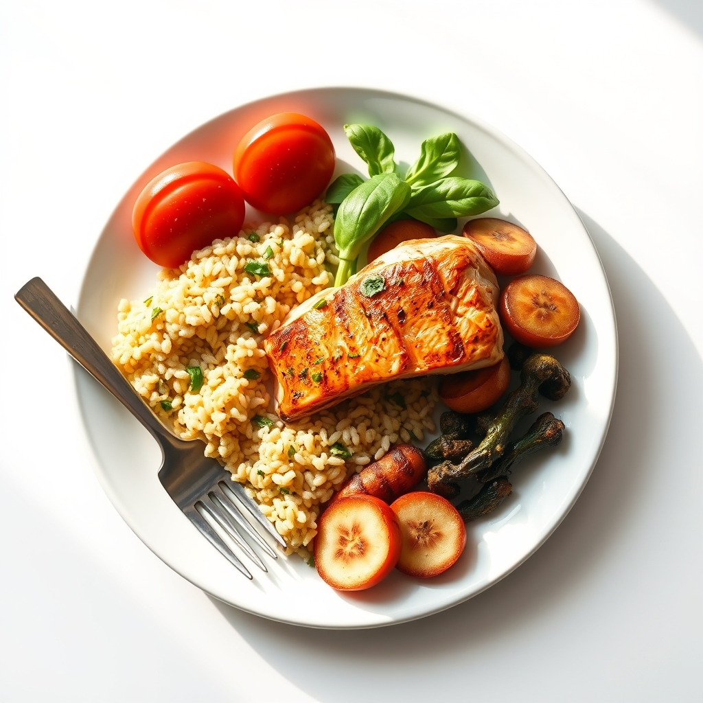 Colorful plate showing balanced pregnancy meal: grilled salmon, quinoa, roasted vegetables, and a side of fruit, bright natural lighting