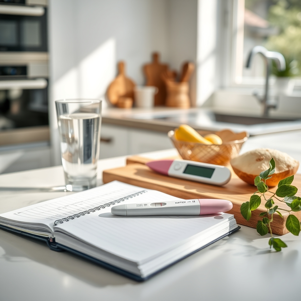 A wooden board with a glass of water, a small notebook showing a cycle chart, and a digital pregnancy test, bright natural light, clean kitchen setting