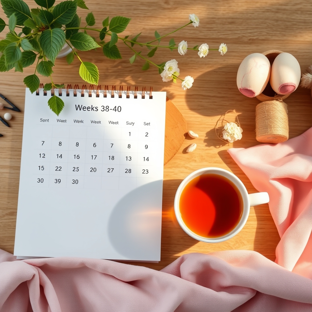 A calendar page showing weeks 38 to 40 of pregnancy, with a soft pastel color scheme and a cup of tea beside it, representing timing of membrane sweeps
