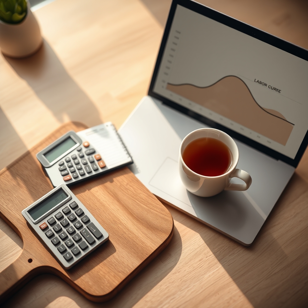 A wooden board with a calculator, a notebook, and a cup of tea beside a laptop displaying a labor curve chart