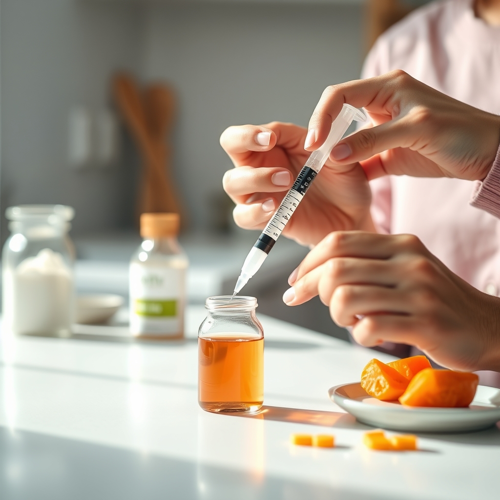 Parent measuring Tylenol dose with syringe