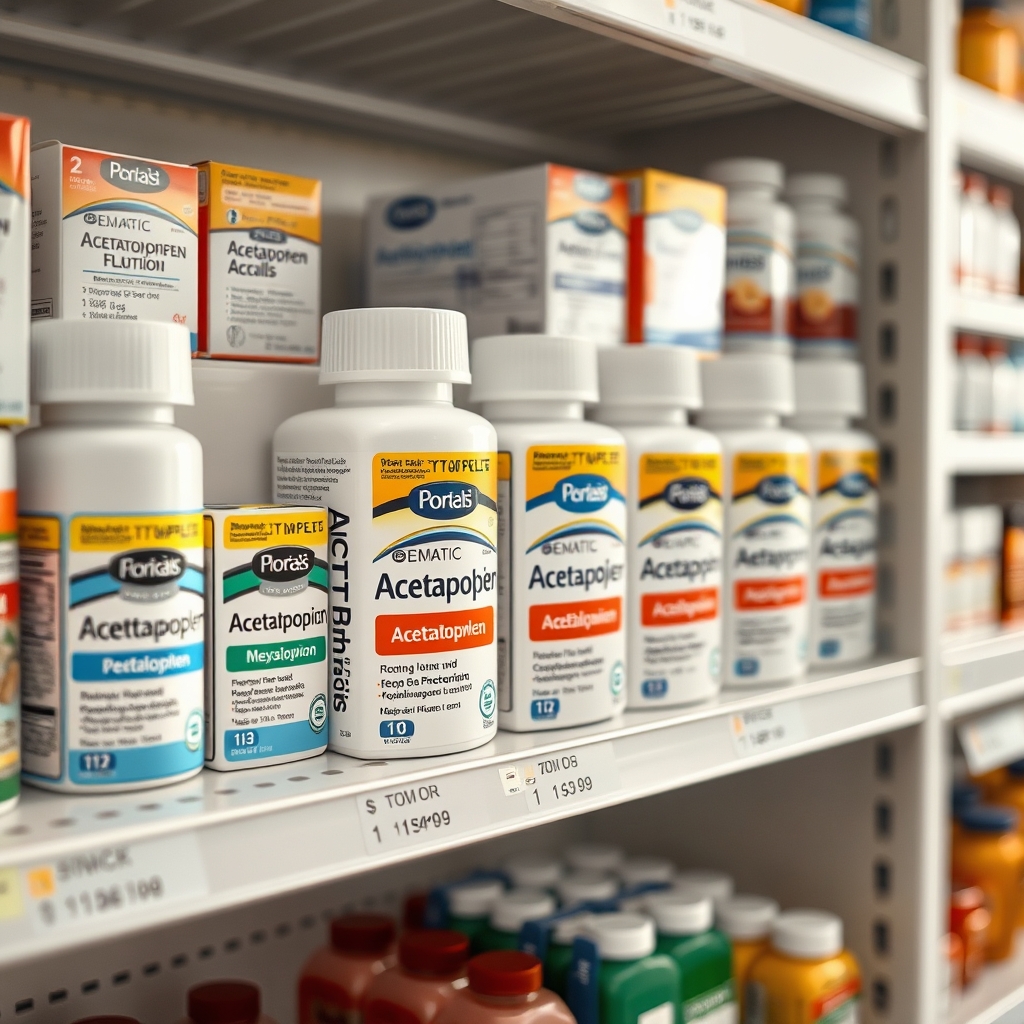Pharmacy shelf with pediatric acetaminophen products