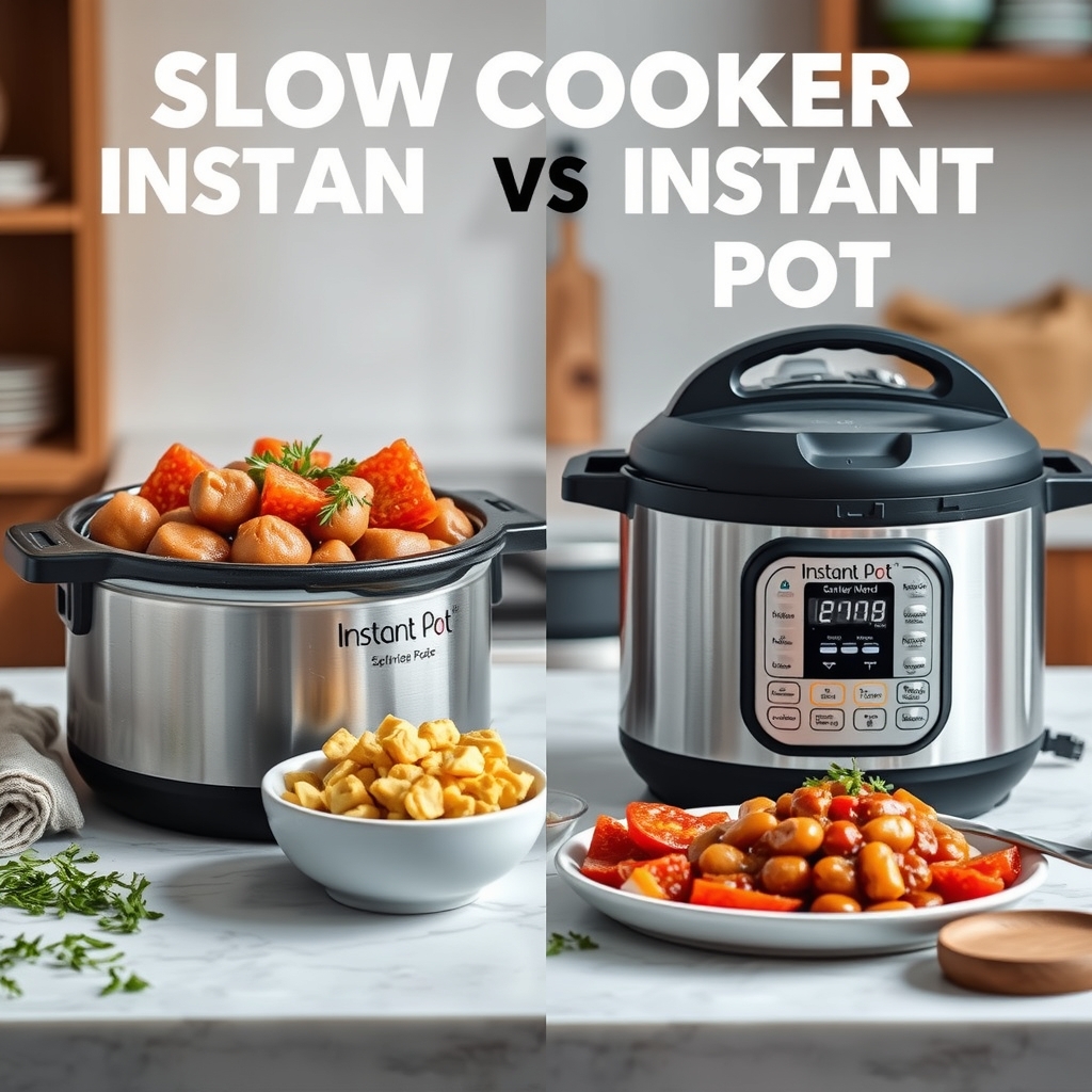 A side-by-side comparison of a slow cooker and an Instant Pot with the same ingredients (pot roast, carrots, potatoes)