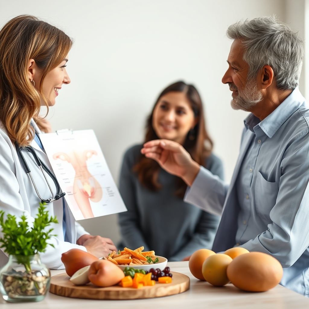 Doctor explaining a condition to a patient with a pelvic diagram