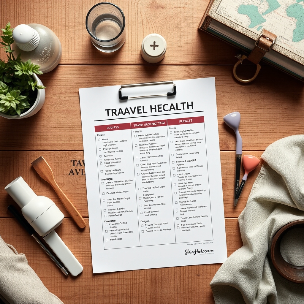 A close‑up of a travel health checklist on a wooden table, featuring a passport, vaccine card, prenatal vitamin bottle, and a stylized checklist with ticks