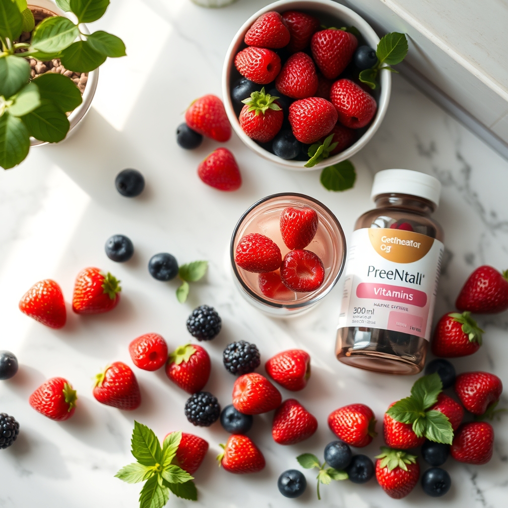A bright, airy kitchen countertop with a bowl of fresh berries, a glass of water, and a prenatal vitamin bottle, illustrating a healthy early‑pregnancy snack
