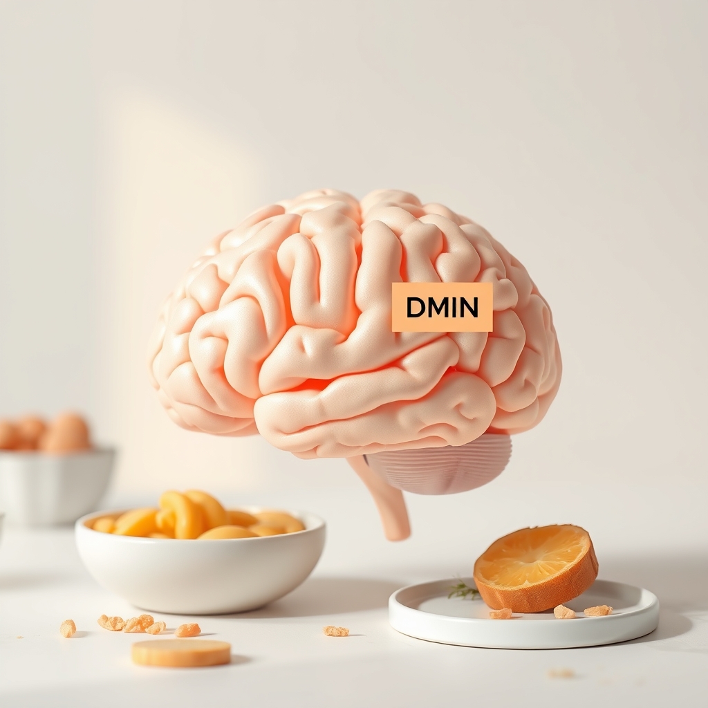 A stylized illustration of a brain highlighting the amygdala and default mode network, with soft pastel colors suggesting calm