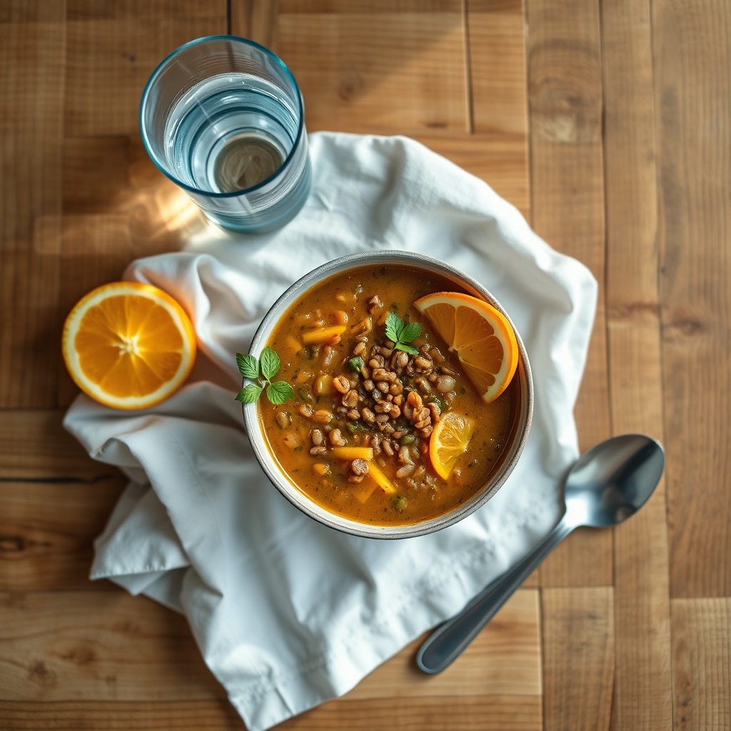 Bright kitchen scene with a bowl of lentil soup, a slice of orange, and a glass of water on a wooden countertop, soft natural light, inviting breakfast setting