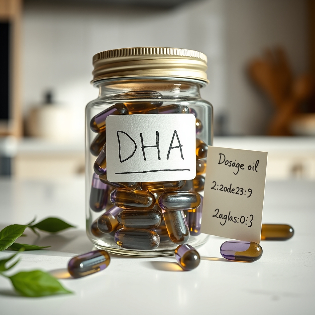 A close‑up of a glass jar of DHA algae oil capsules beside a handwritten note saying '200 mg DHA daily' on a kitchen counter