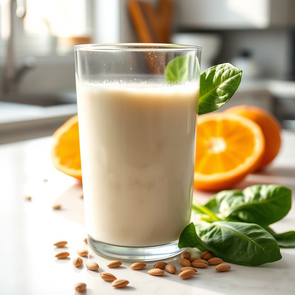 A glass of fortified soy milk beside a bowl of fresh spinach, orange slices, and pumpkin seeds on a light wooden surface