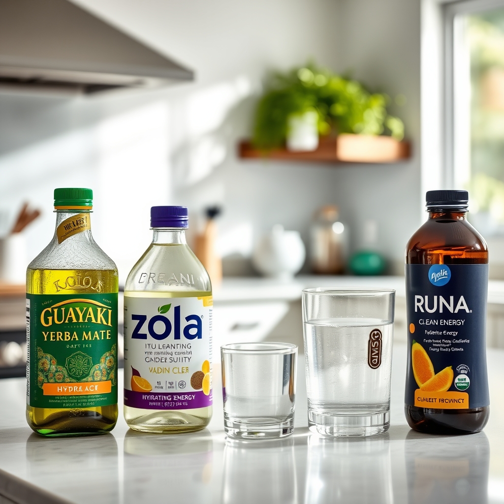 A collection of pregnancy‑safe energy alternatives displayed on a kitchen counter, highlighting colorful bottles and natural ingredients