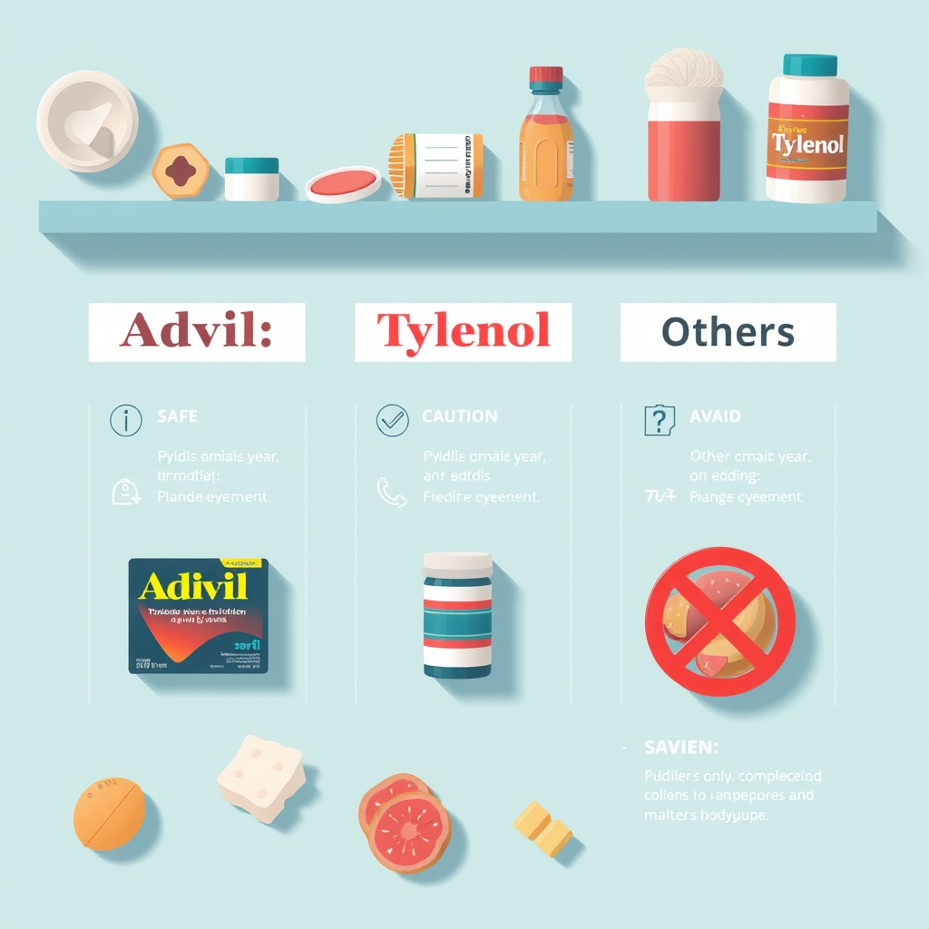 A comparison chart showing Advil, Tylenol, and other pain relievers with clear icons indicating safety levels for pregnancy.