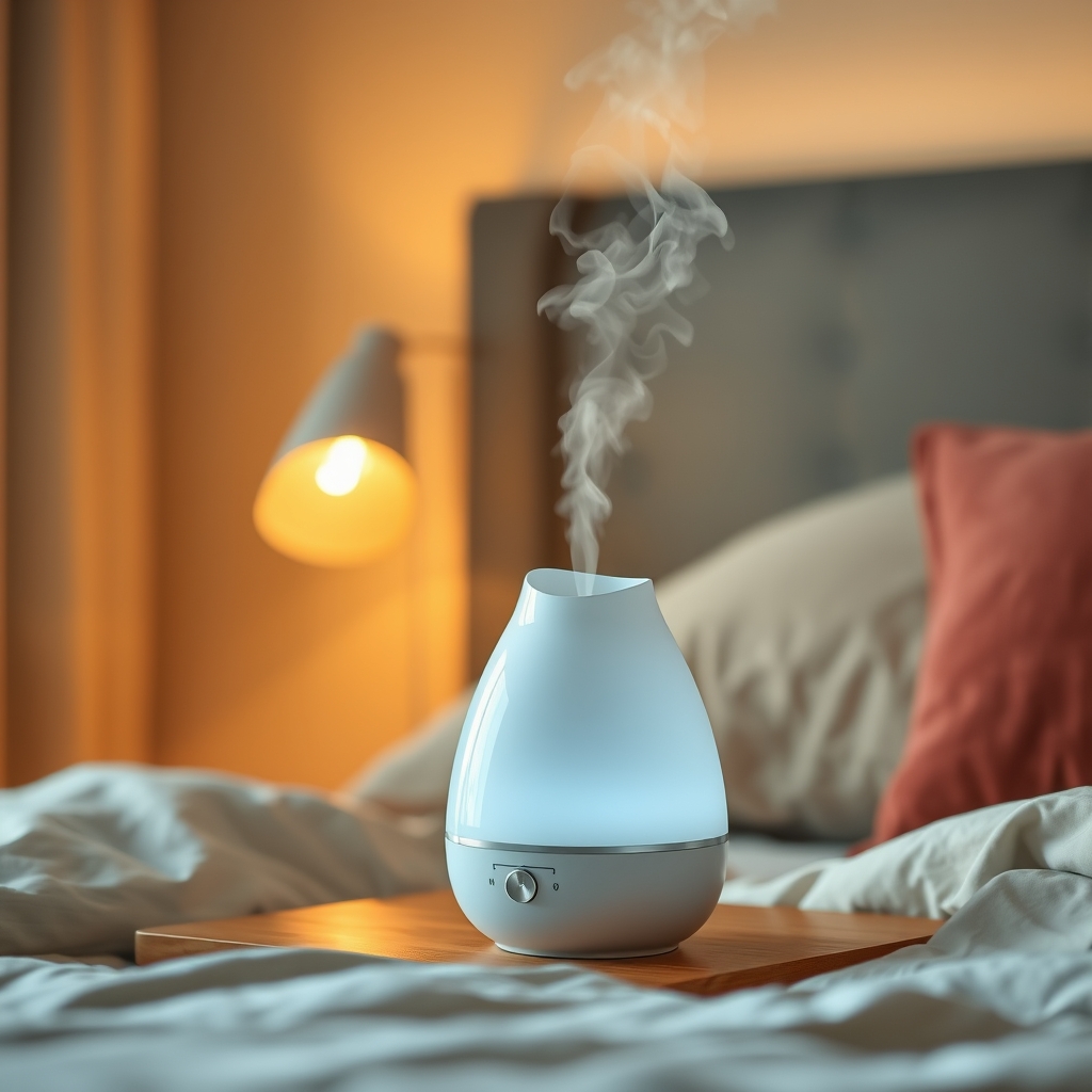 steam rising from a bedside humidifier in a softly lit bedroom, illustrating a non‑medicated way to ease nasal congestion during pregnancy