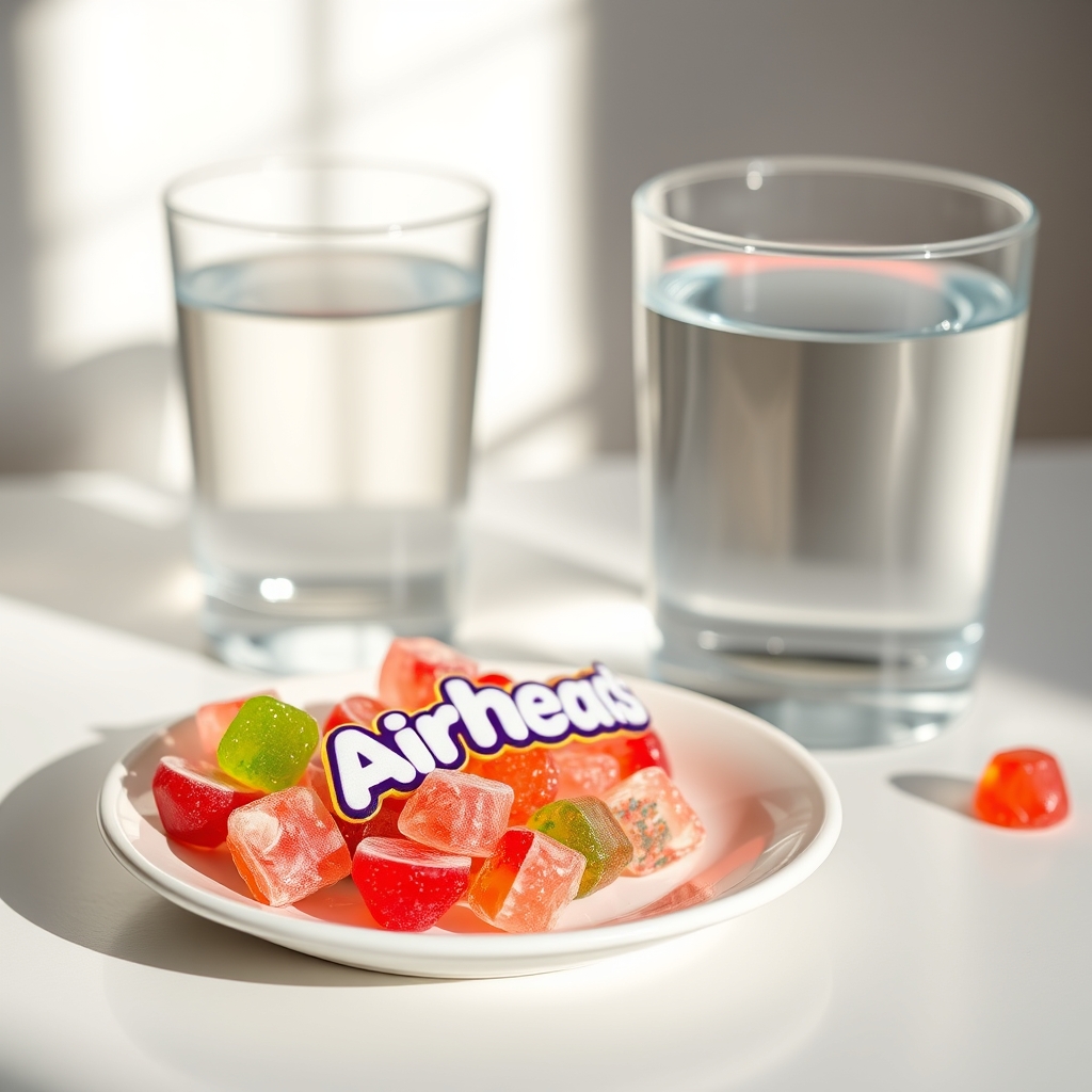 a small portion of Airheads candies arranged on a white plate next to a glass of water, bright natural light emphasizing the candy's colors