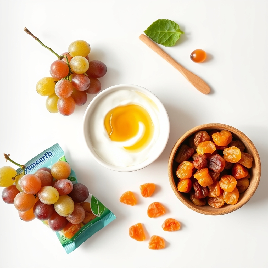 A selection of pregnancy‑friendly snack alternatives, including fresh fruit, yogurt, and organic gummy bears, arranged on a wooden board for visual comparison