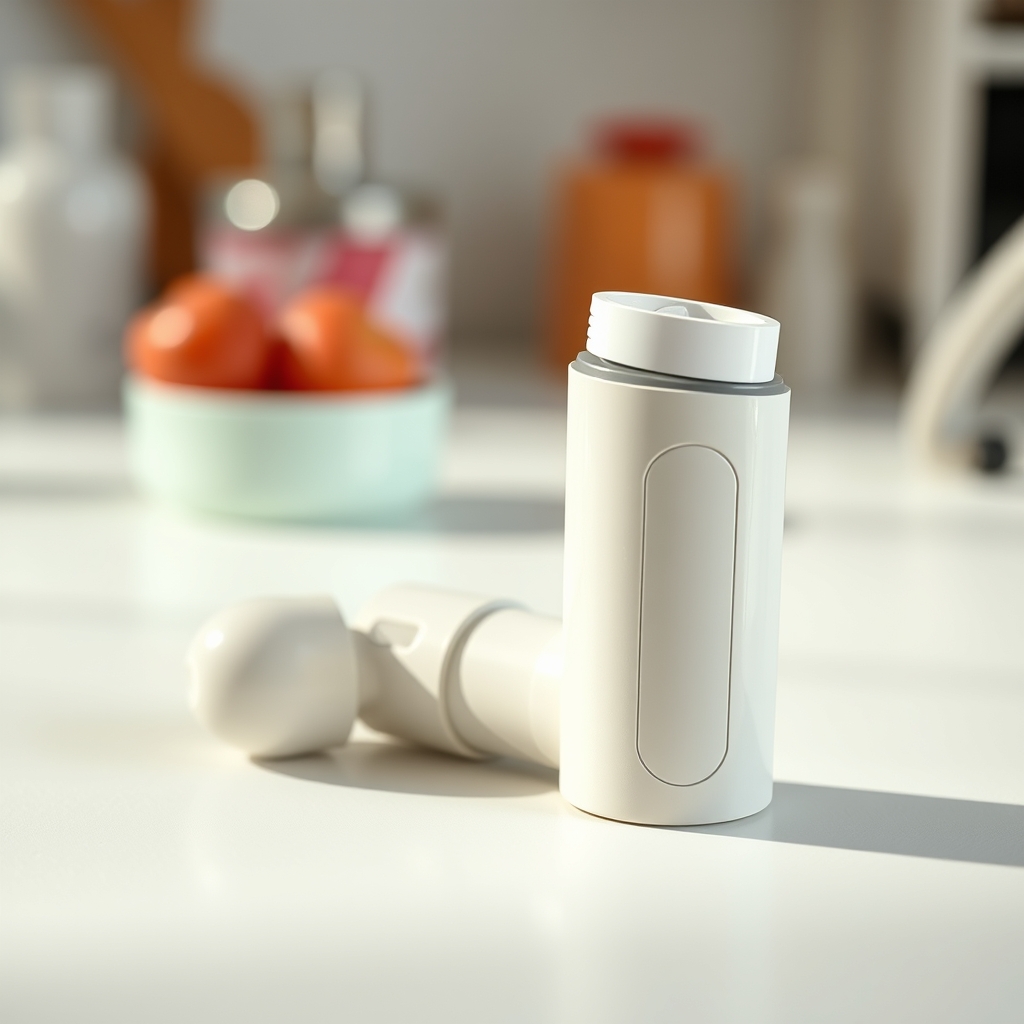 close‑up of an albuterol inhaler with its label partially visible, placed on a clean white surface beside a small notebook