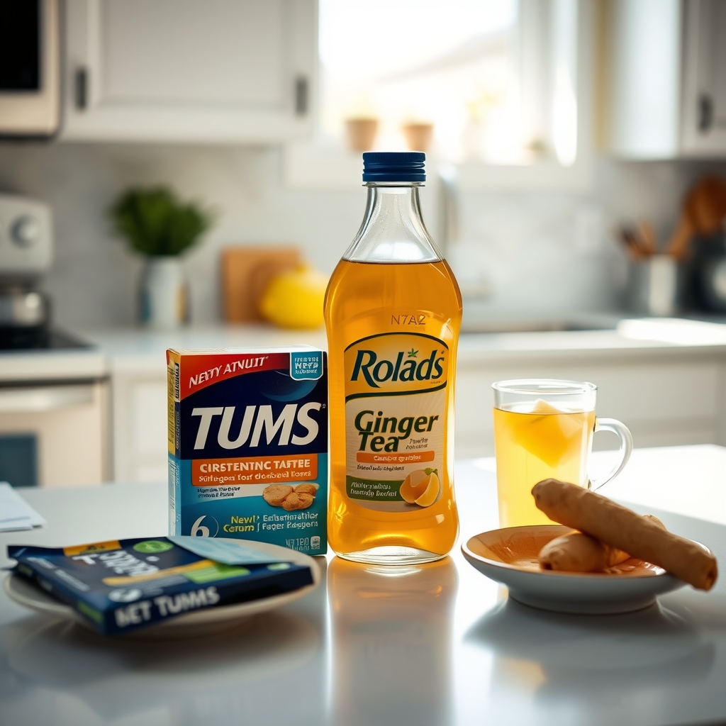 A selection of pregnancy‑safe antacids and a cup of ginger tea laid out on a kitchen countertop, soft natural light highlighting the products