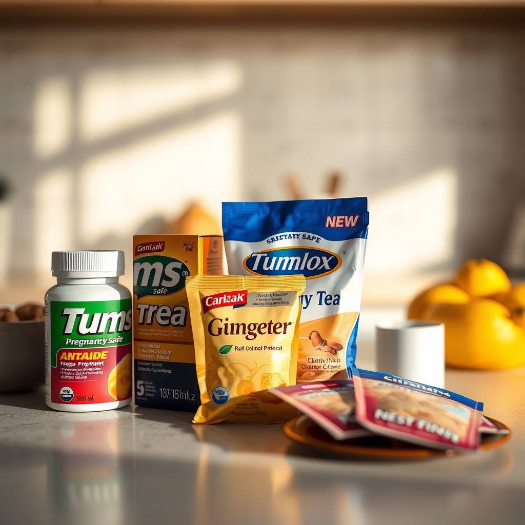 A selection of pregnancy‑safe antacids and herbal teas on a kitchen countertop, soft daylight, with a glass of water beside them