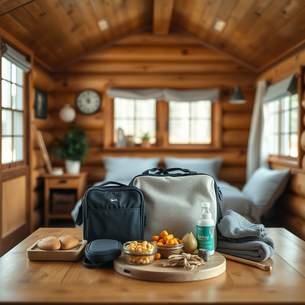 a cozy cabin with a pregnancy-friendly travel kit, including a water bottle, pulse oximeter, and a map of moderate‑altitude hiking trails, soft natural lighting highlighting the warm setting