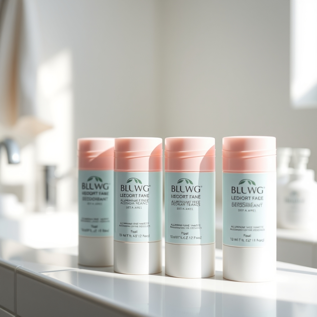 A collection of aluminum‑free deodorant sticks in pastel colors arranged on a clean white countertop, illustrating a pregnancy‑friendly personal care routine