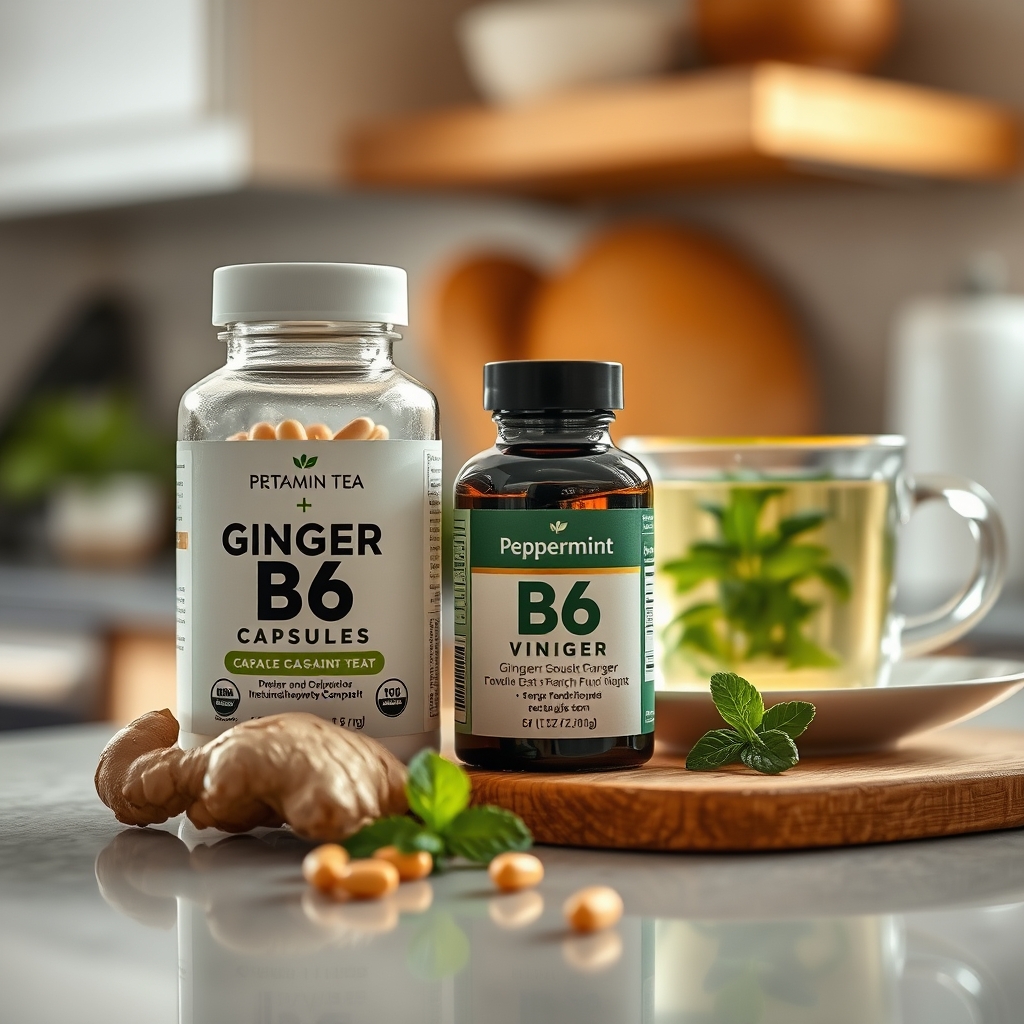 a bright kitchen counter displaying ginger capsules, a vitamin B6 bottle, and a steaming cup of peppermint tea, all labeled as pregnancy‑safe, with a soft focus background of a prenatal book