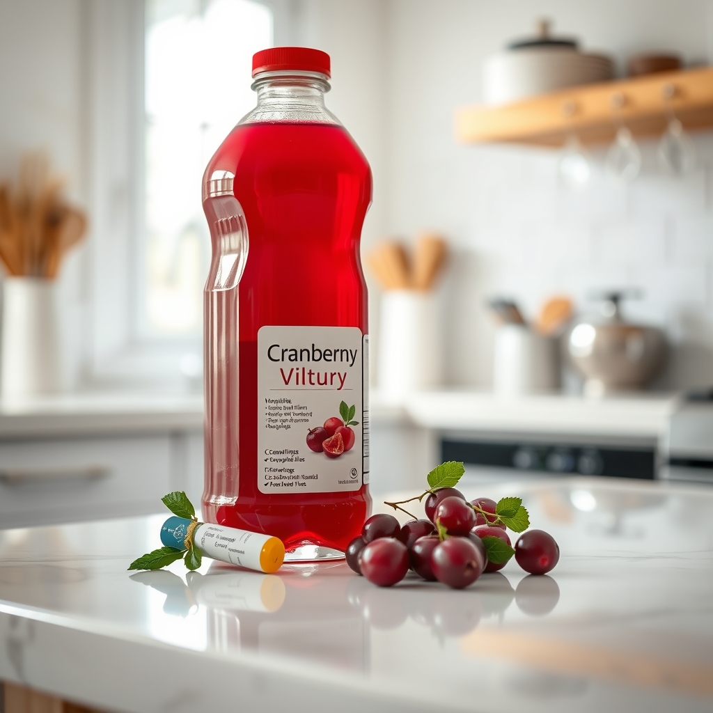 a glass of cranberry juice next to a bottle of amoxicillin on a kitchen counter, illustrating natural and pharmaceutical options for urinary health during pregnancy