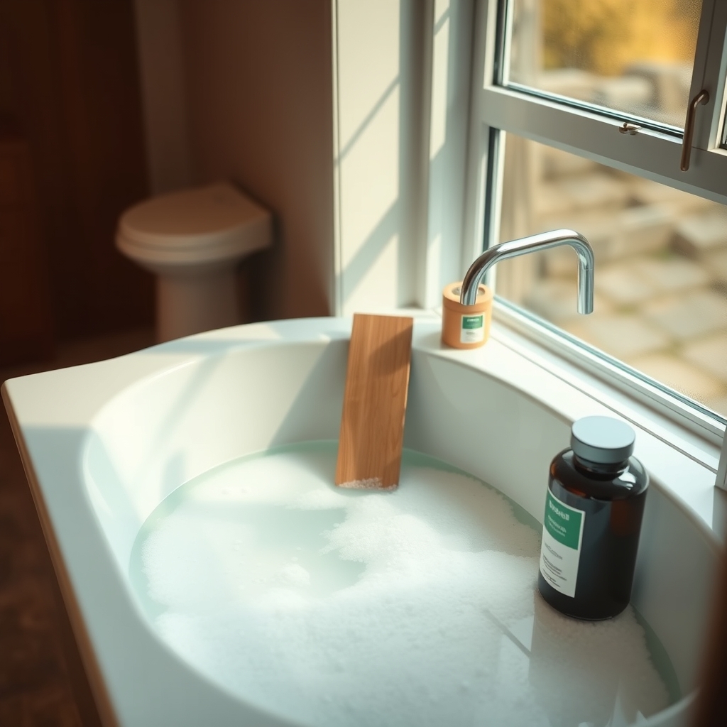 A clean, bright bathroom with a sitz bath basin filled with warm water and a handful of Epsom salt crystals, illustrating a gentle postpartum self‑care routine.