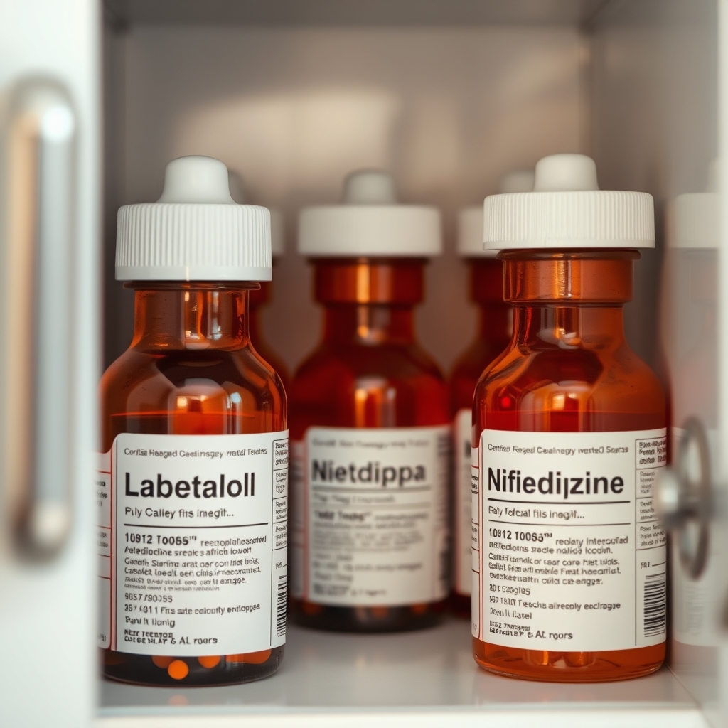a tidy medicine cabinet with labeled bottles of labetalol, methyldopa, and nifedipine, soft daylight streaming in, emphasizing safe alternatives to atenolol