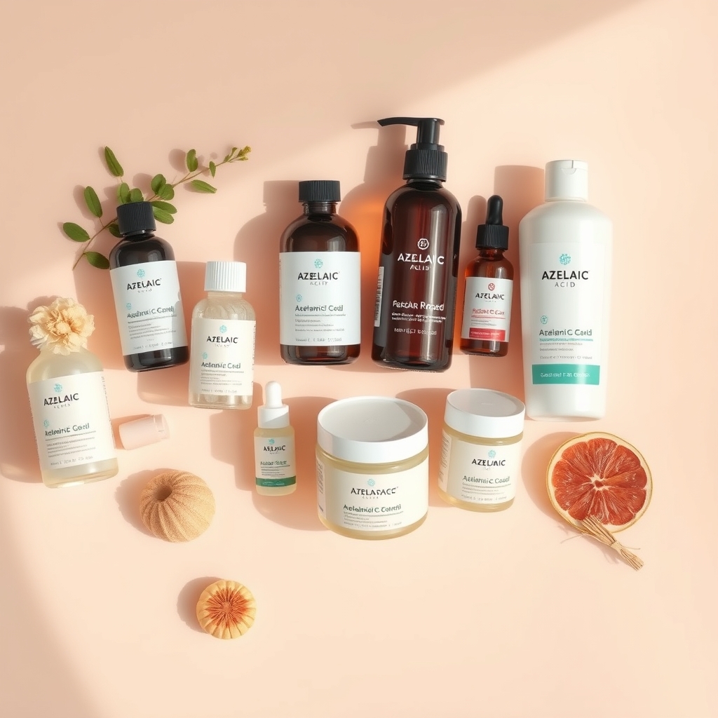 A selection of azelaic acid skincare bottles and tubes arranged on a wooden vanity, showcasing different brands and concentrations, with soft natural lighting