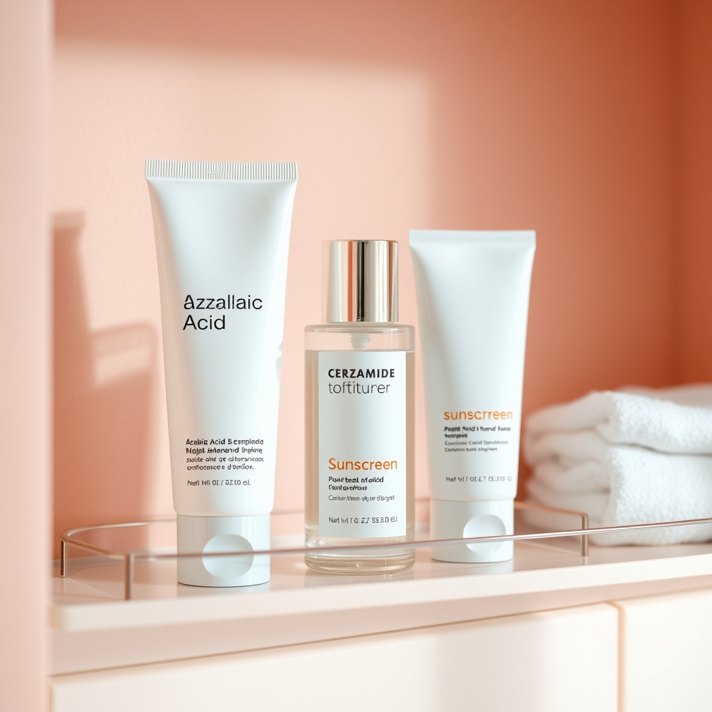 A tidy bathroom shelf displaying azelaic acid cream, a gentle moisturizer, and a sunscreen bottle, illustrating a pregnancy‑friendly skincare lineup