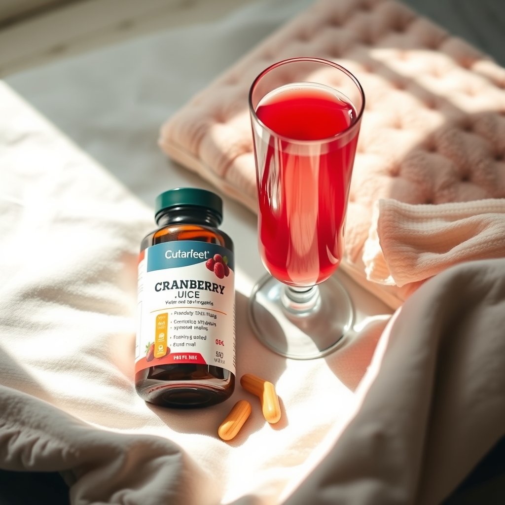 A calming flat‑lay of a glass of cranberry juice, a bottle of prenatal vitamins, and a heating pad on a wooden table, natural daylight highlighting the soothing colors, suggesting safe alternatives to AZO for urinary comfort