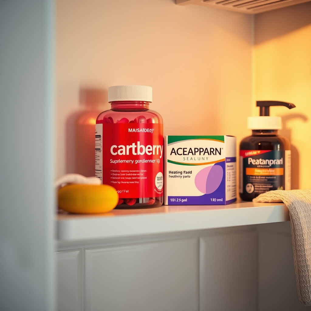 A tidy bathroom shelf displaying a bottle of cranberry supplement, a box of acetaminophen, a heating pad, and a prenatal vitamin bottle, soft ambient lighting emphasizing a calm, organized space for pregnancy wellness