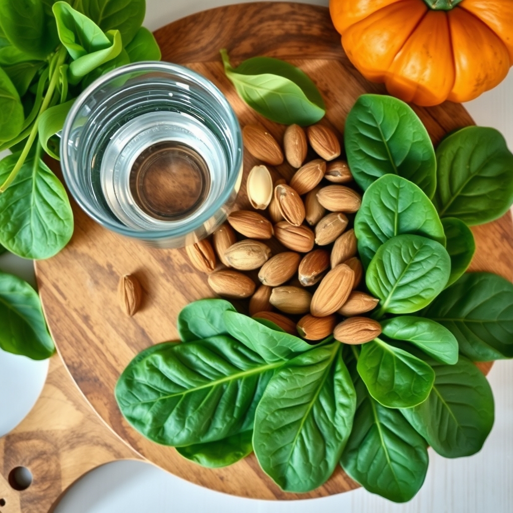 Close‑up of a wooden board with magnesium‑rich foods: almonds, pumpkin seeds, spinach, and a glass of water, bright natural light
