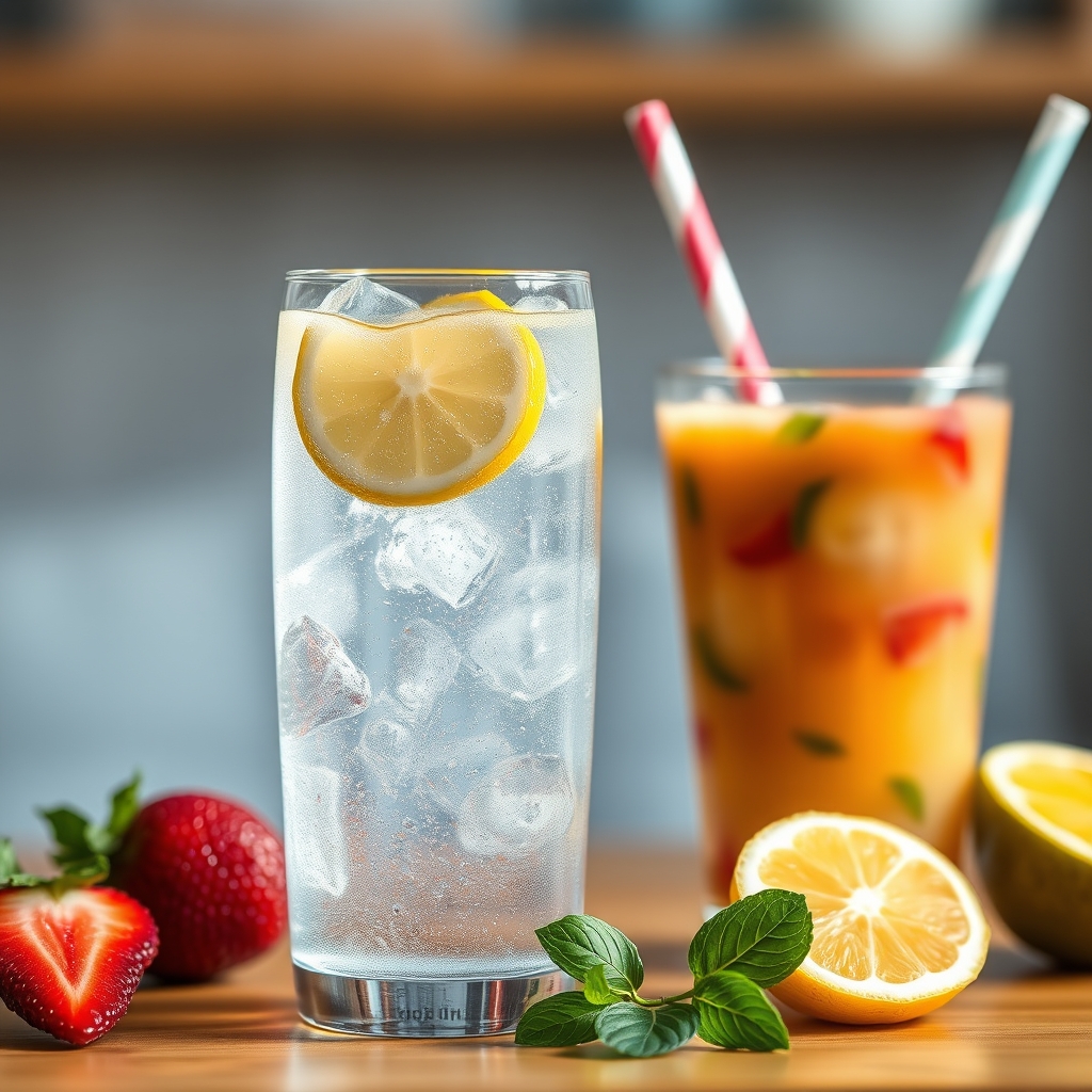 a glass of sparkling water with a slice of lemon beside a fruit smoothie, bright kitchen setting, 100‑character description