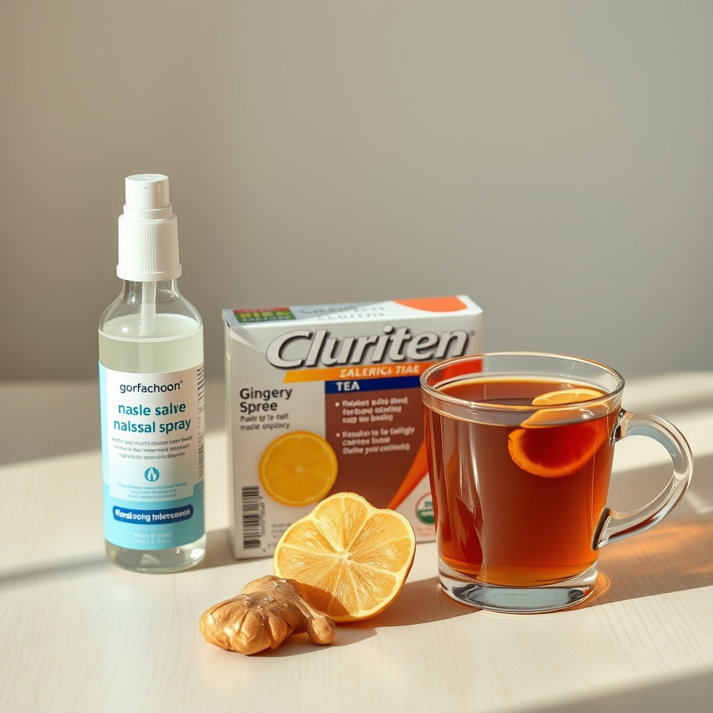 A selection of pregnancy-safe allergy relief products including saline nasal spray, a box of Claritin, and a cup of ginger tea, on a light wooden surface.