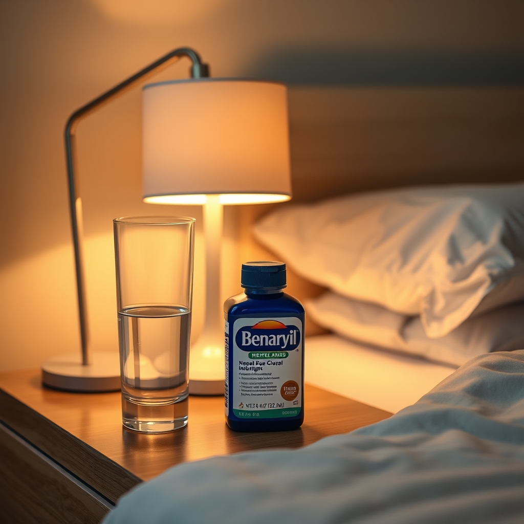 A cozy bedroom nightstand with a half‑filled glass of water, a Benadryl bottle, and a soft lamp casting a warm glow, emphasizing nighttime comfort