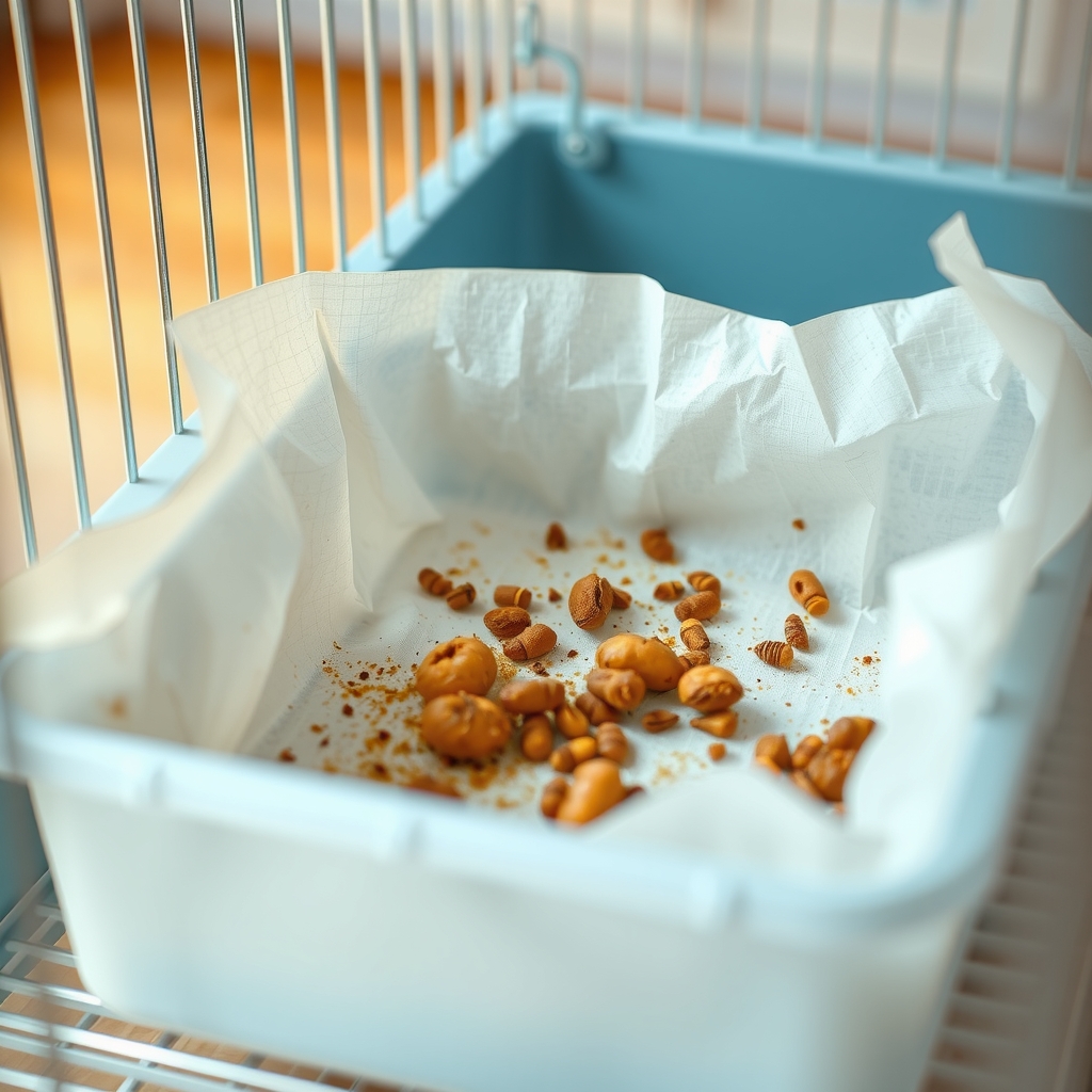 Close-up of a bird cage tray lined with disposable paper liners for easy cleaning