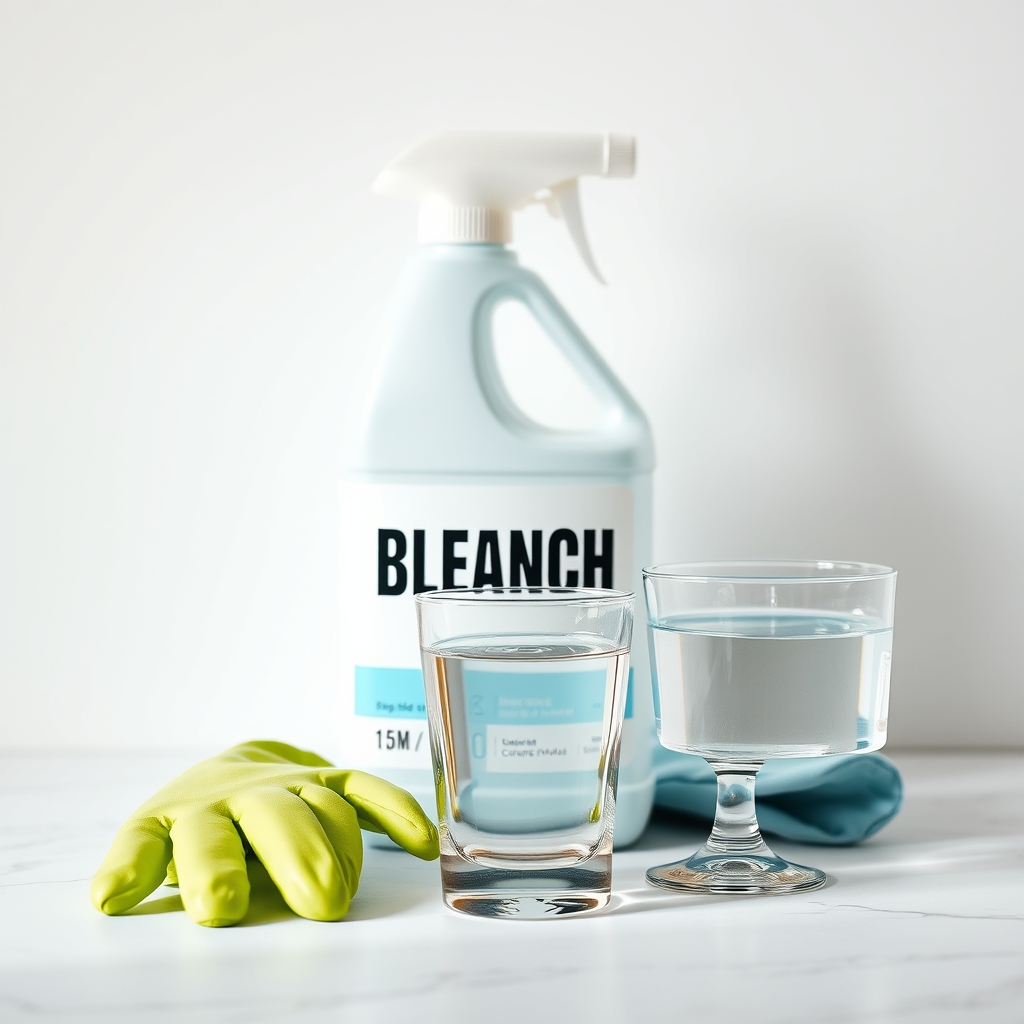 Close‑up of a bleach bottle next to a glass of water and a pair of rubber gloves, illustrating proper protective equipment for cleaning during pregnancy