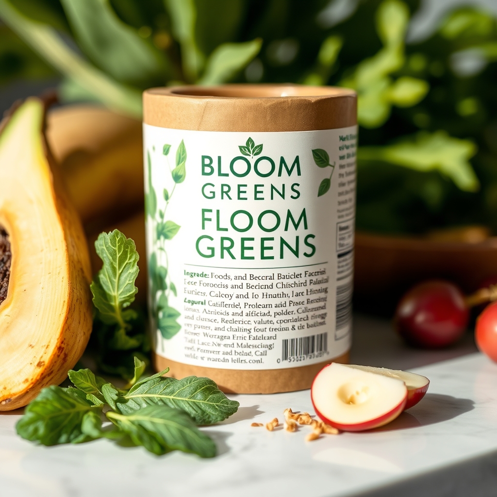 a close‑up of a nutrition label on a Bloom Greens package, highlighting ingredients like spinach, kale, spirulina, and nettle leaf, with a soft natural background